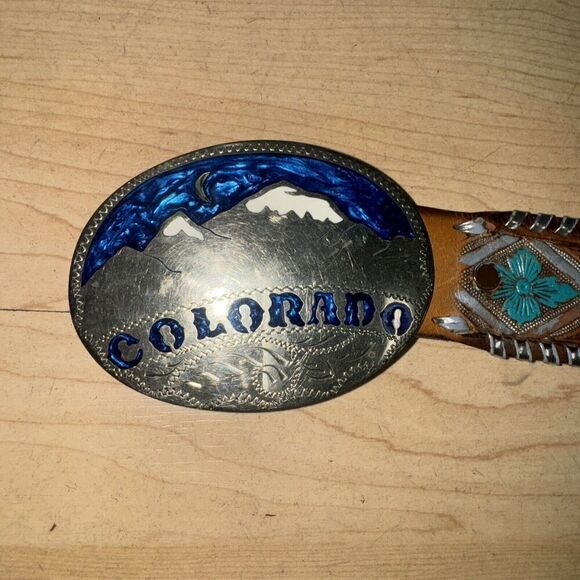 Western Belt Cowboy Rodeo Leather Hand Tooled Removable Colorado Buckle - Picture 3 of 13